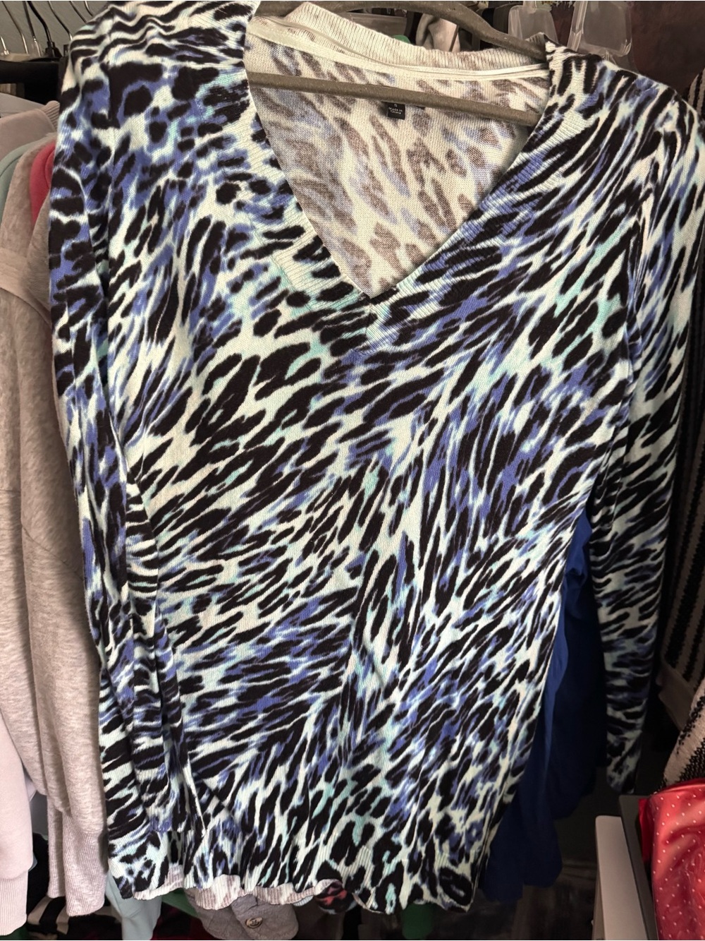 Blue Animal-Print V-Neck Long Sleeve Sweater